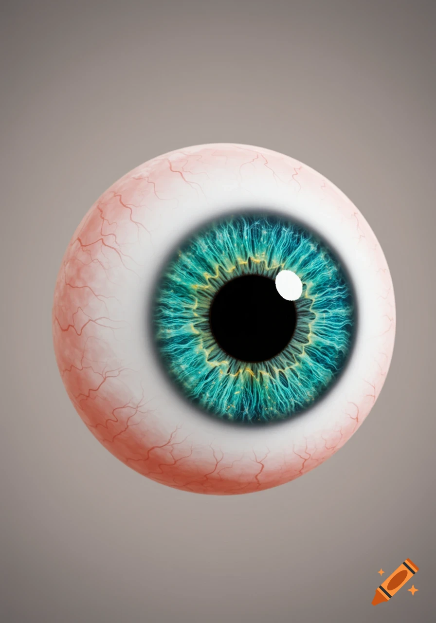 A detailed, realistic close-up of a human eyeball with a blue-green iris and visible red veins on the sclera.