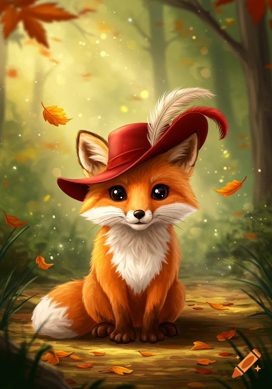 A cute cartoon fox in a red feathered hat sits in an enchanted autumn forest with glowing particles.
