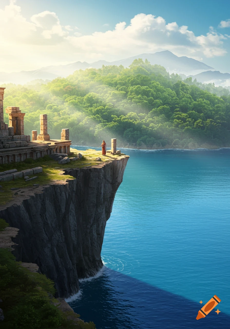 A lone figure stands on ancient ruins atop a dramatic cliff overlooking a vibrant turquoise sea and a misty green forest under a bright sky, digital art.