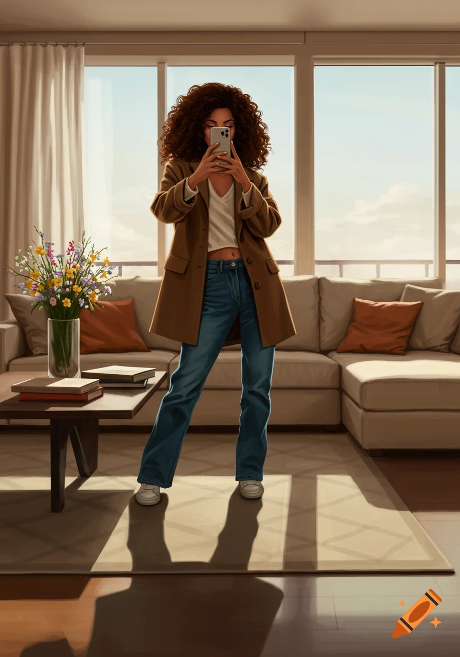 A digital painting of a woman with curly hair taking a selfie in a sunlit modern living room.