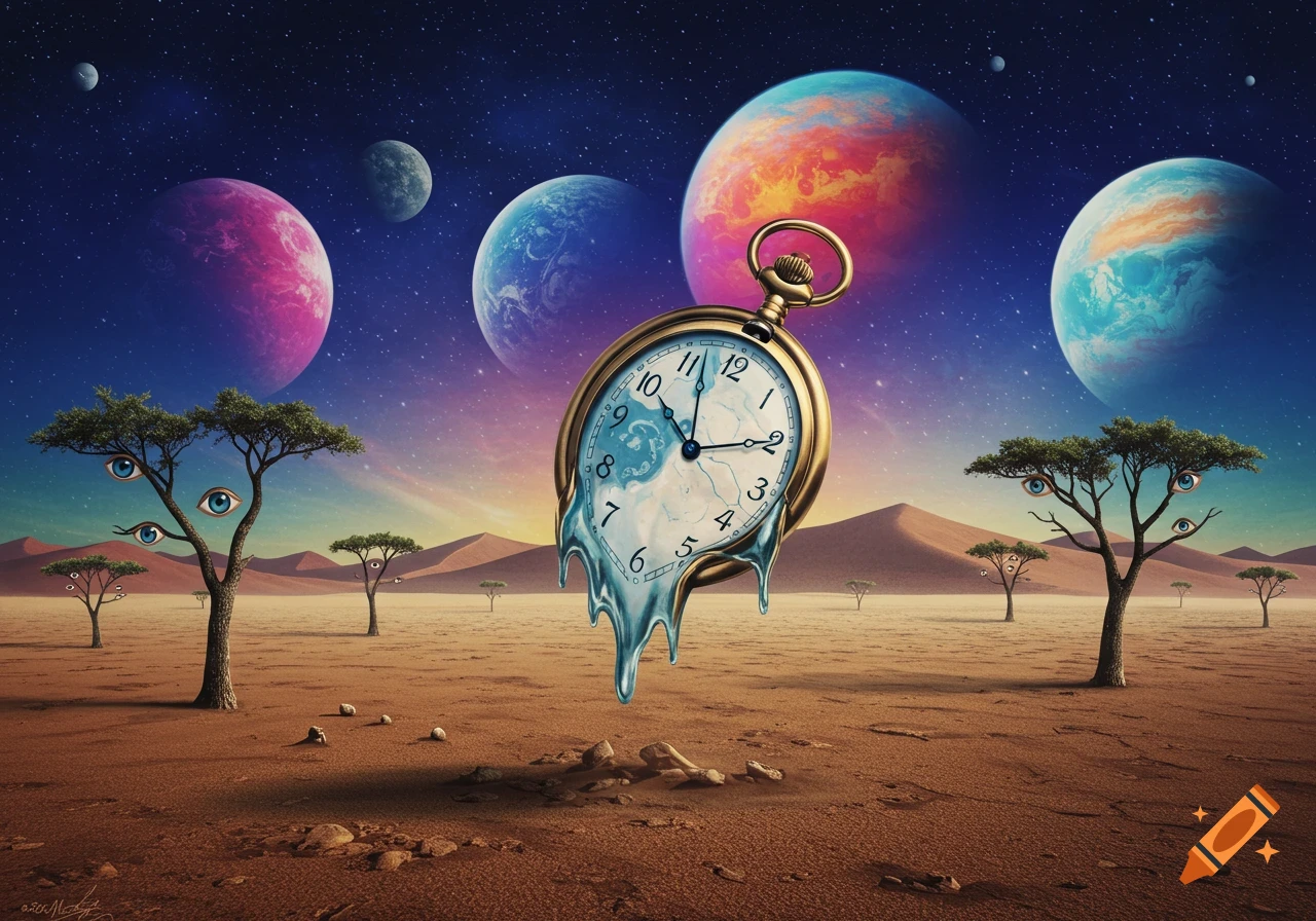A surreal desert scene with a melting pocket watch floating, trees with eyes for leaves, and colorful planets in a starry sky.