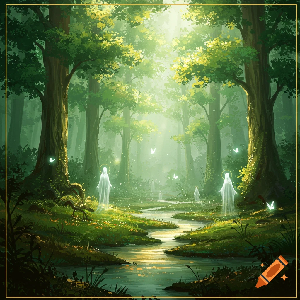 Ethereal figures with halos stand in a lush, misty forest with a winding stream and dappled sunlight.