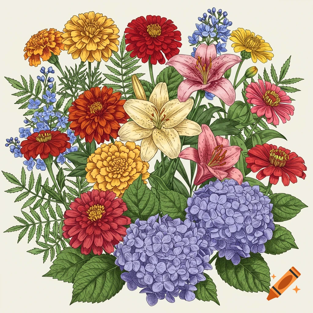 Detailed vintage botanical illustration of a vibrant floral bouquet with marigolds, lilies, and hydrangeas.