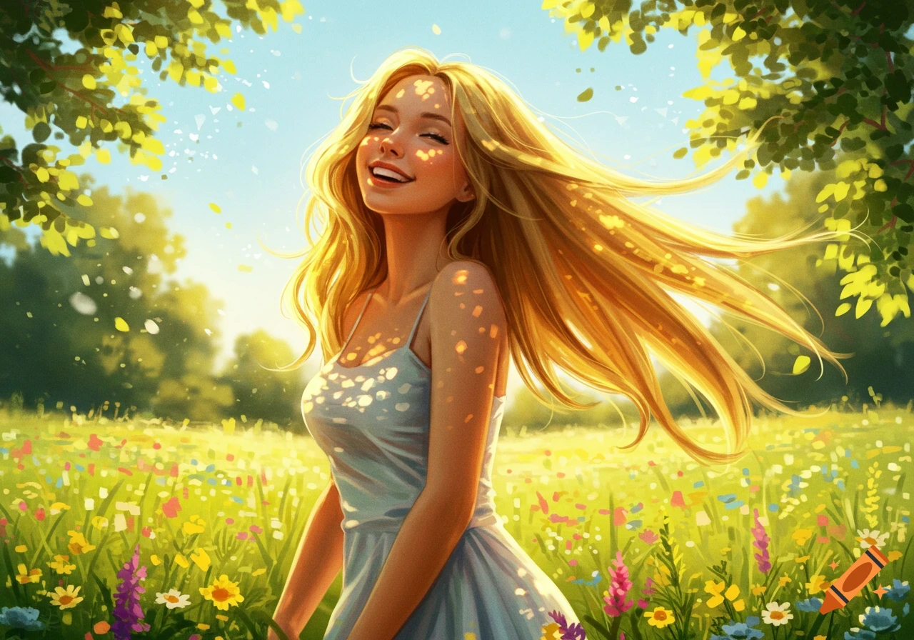 Digital painting of a joyful blonde woman with long hair in a sundress, smiling in a sunny wildflower field with trees overhead.
