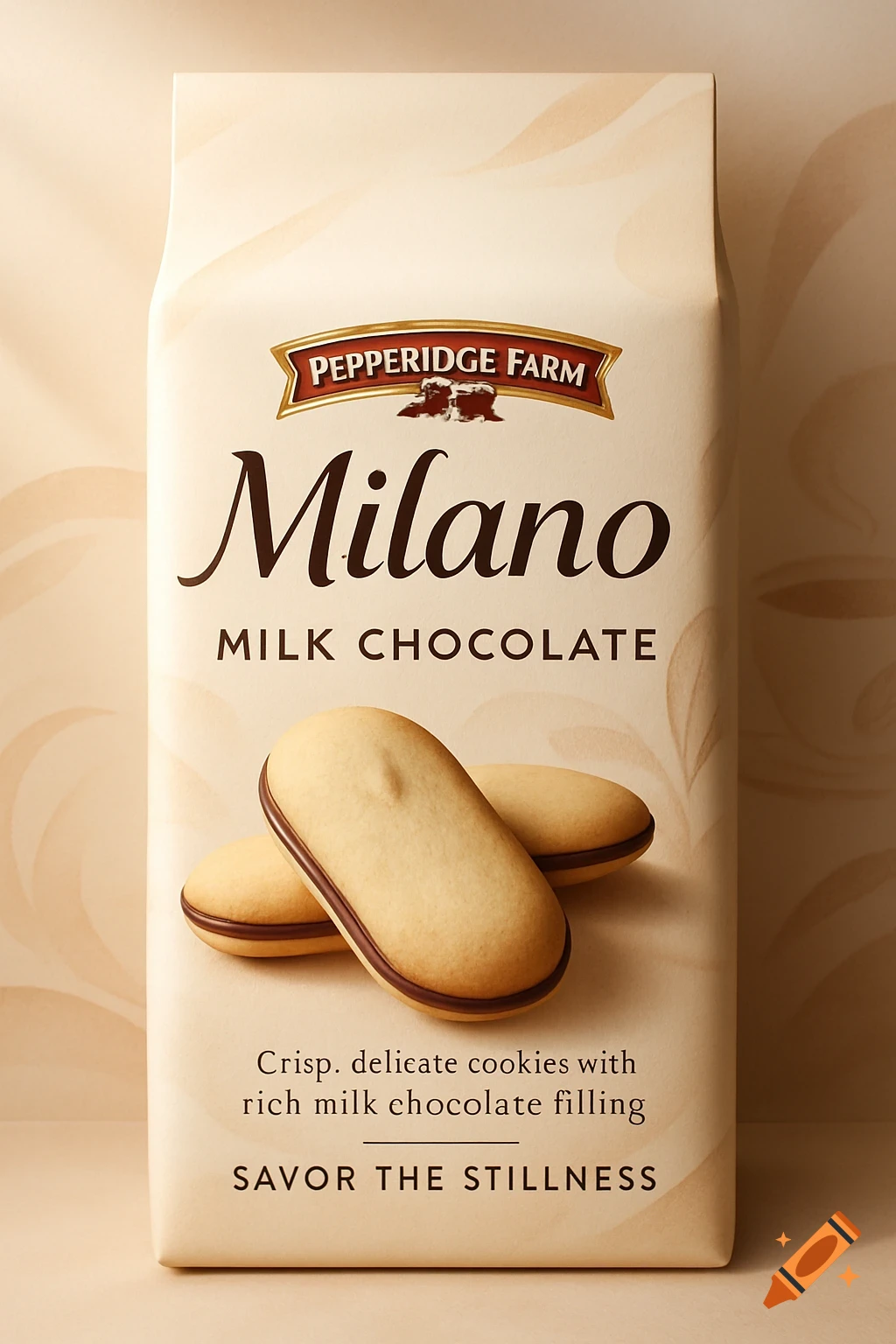 Close-up of elegant Pepperidge Farm Milano Milk Chocolate cookie packaging featuring two Milano cookies, with descriptive text.