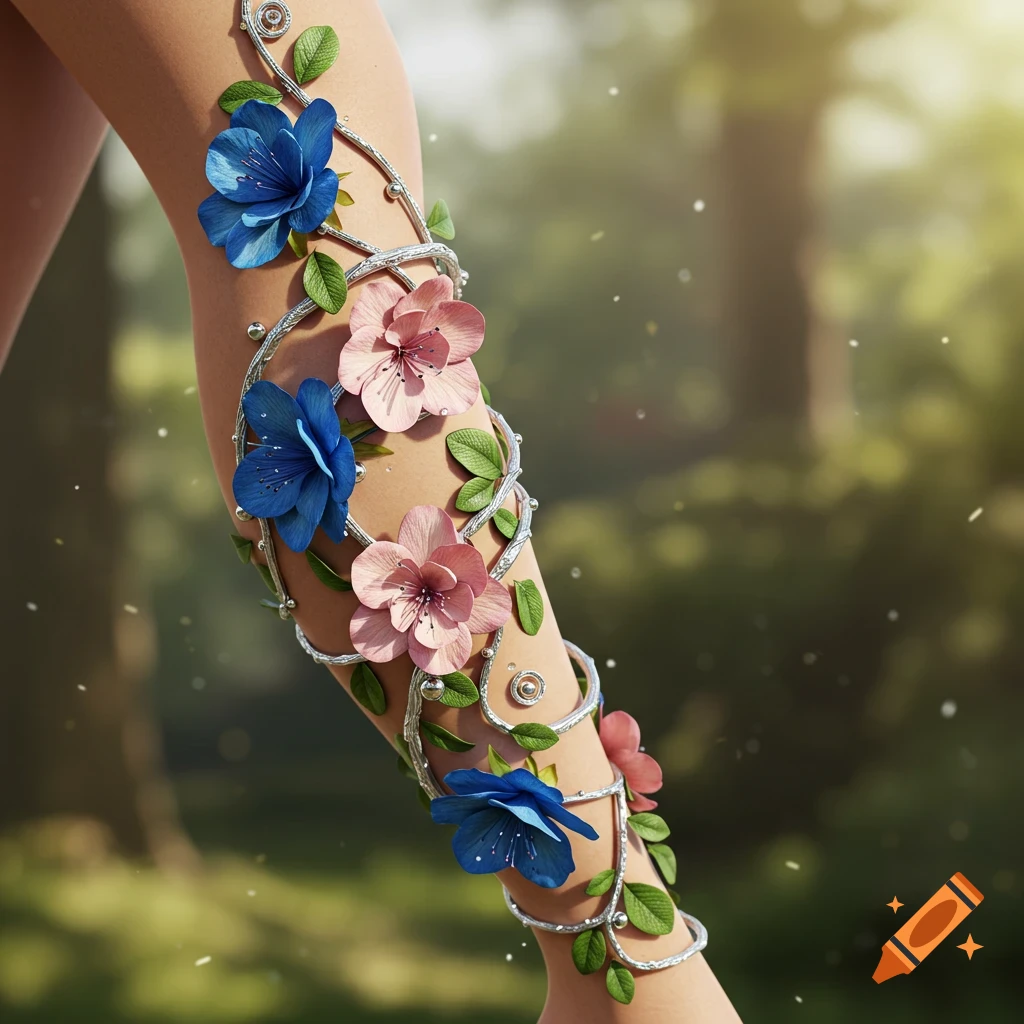 A human leg adorned with a silver floral vine bracelet featuring blue and pink flowers with green leaves, against a blurred forest background.