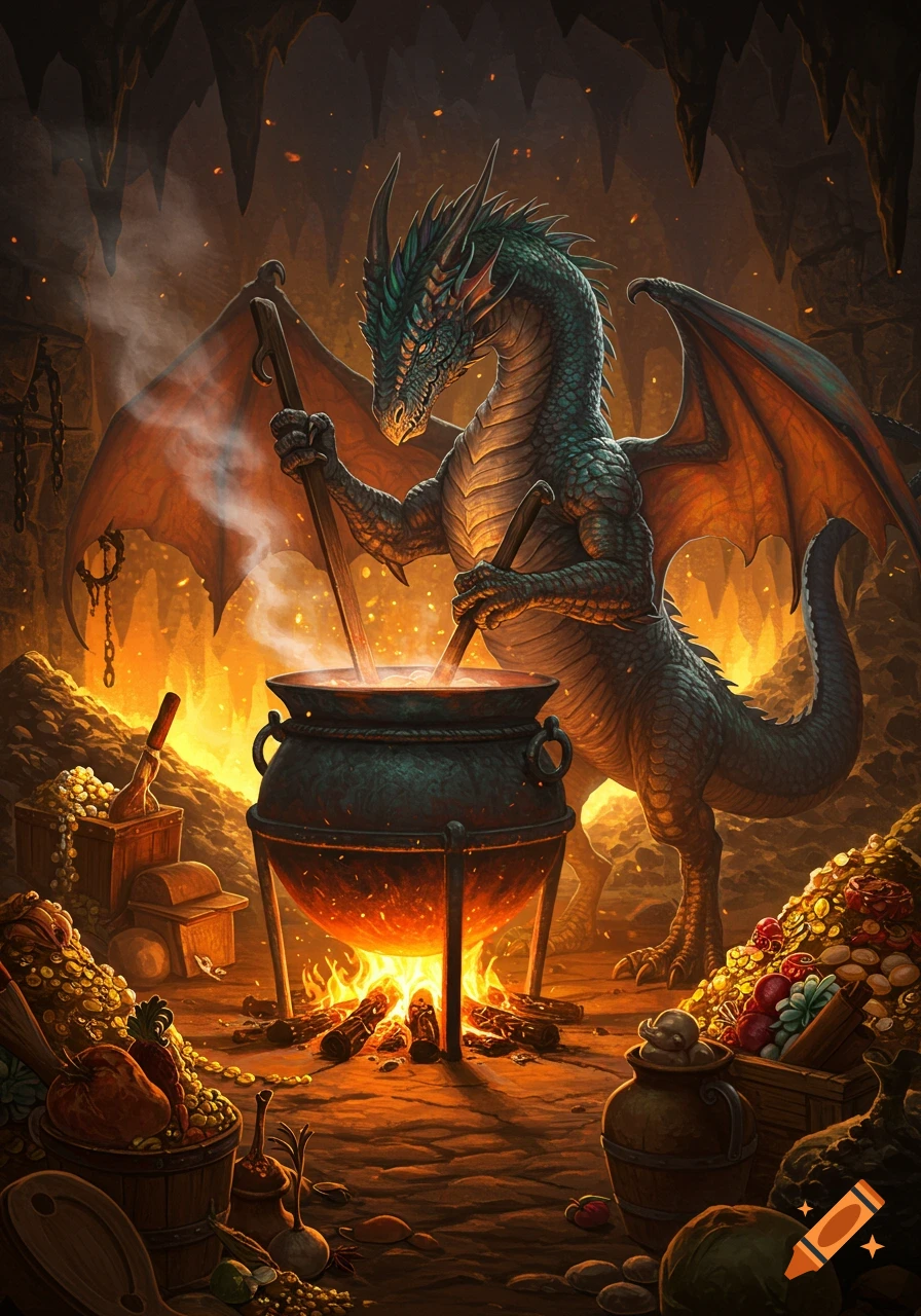 A majestic blue-green dragon stirs a large cauldron over a fire in a glowing, treasure-filled cave. Epic fantasy art.