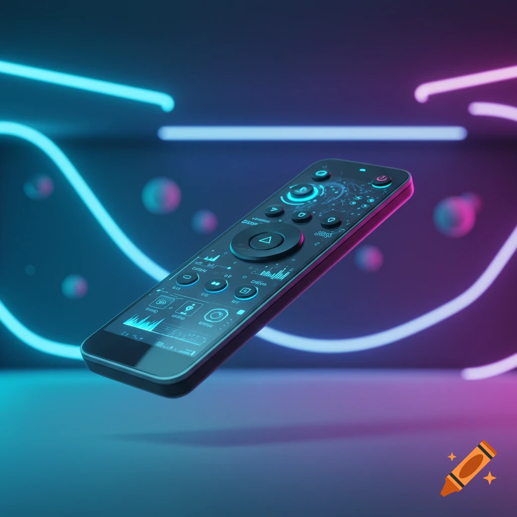 Sleek, futuristic black remote control with glowing blue buttons and screen, floating amidst neon blue and pink lights.