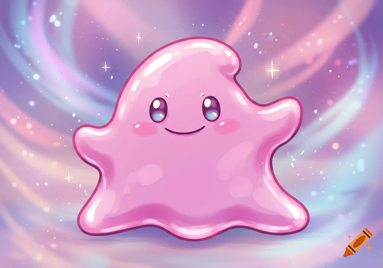 A cute, shiny pink blob character with a smiling face on a sparkly, swirling pastel background.
