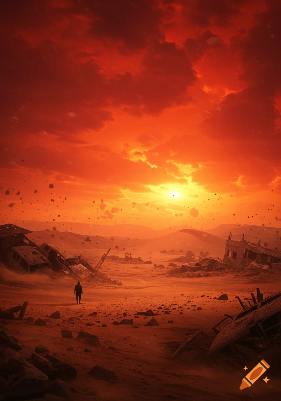 A lone silhouetted figure walks through a desolate red desert landscape, littered with ruined buildings and cars under a fiery orange sky.