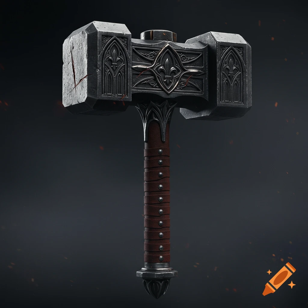 Highly detailed neo-gothic hammer with ornate carvings, a leather-wrapped handle, and battle damage, in a dark fantasy style.
