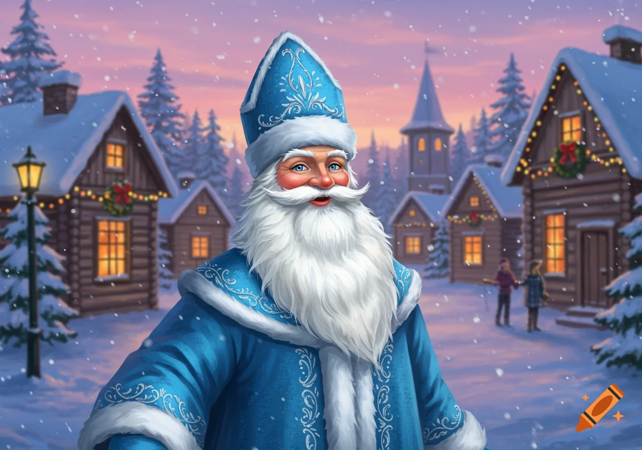 A smiling Ded Moroz in a blue and white fur-trimmed coat and hat, standing in a snowy village at sunset.