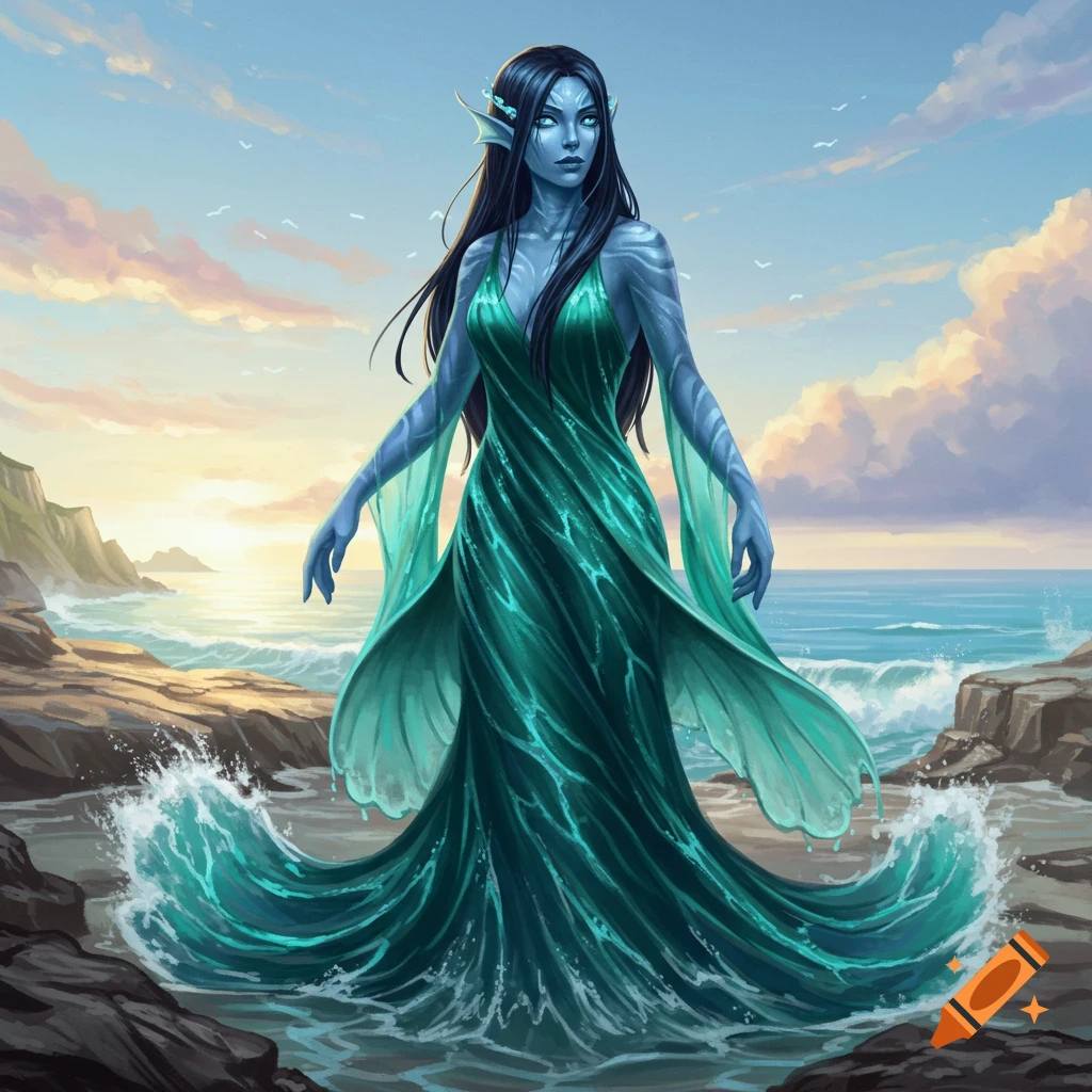 A blue-skinned water genasi woman with dark hair in a flowing green dress stands on ocean rocks with waves.