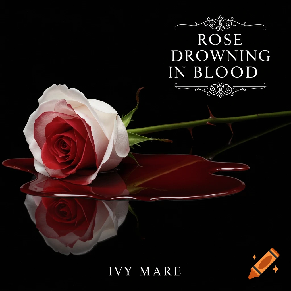 A white rose with a red center lies in a pool of dark red blood on a black surface, reflected below. Text reads 'ROSE DROWNING IN BLOOD' and 'IVY MARE'.