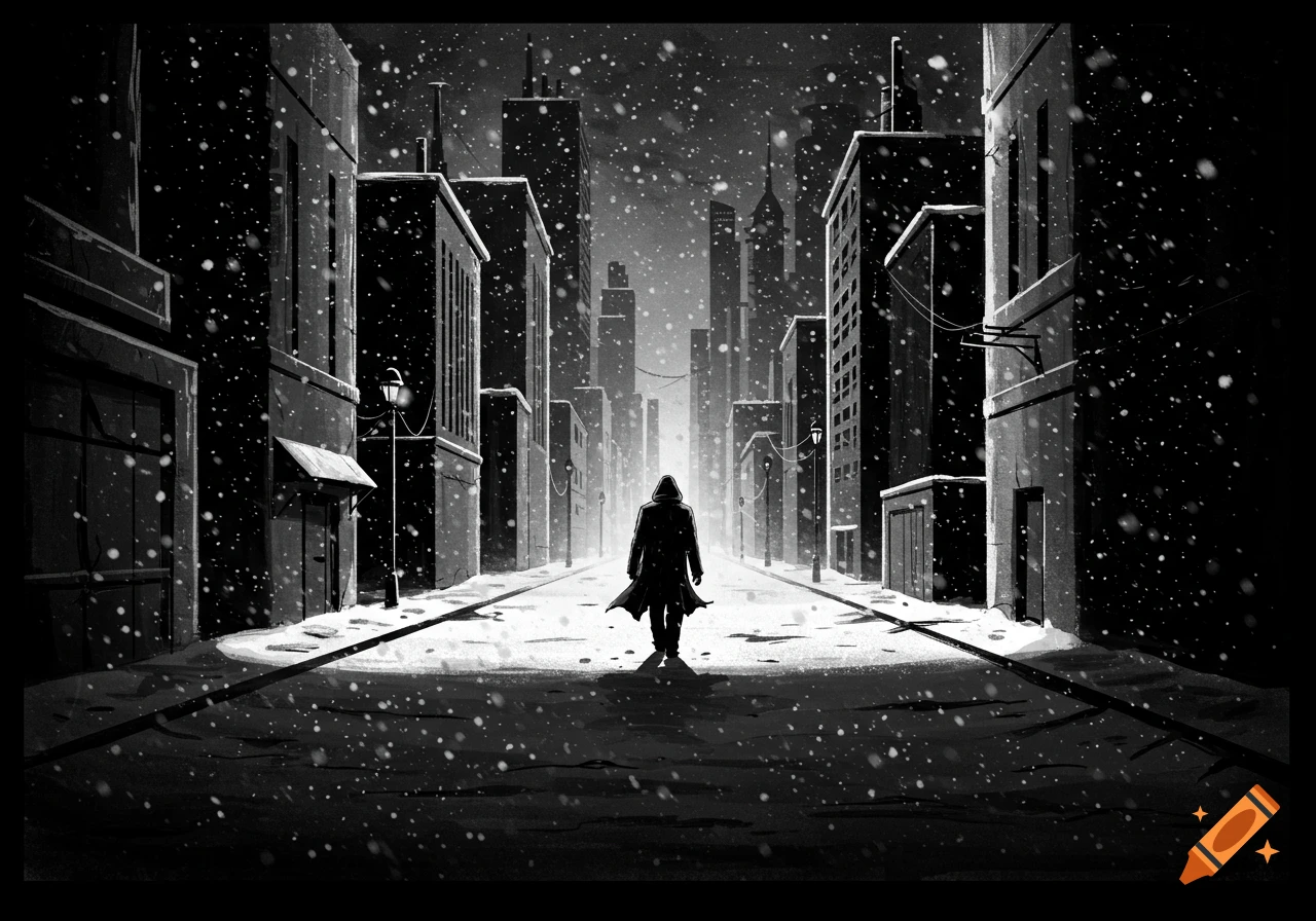Black and white noir comic art of a lone hooded figure walking down a snowy, deserted city street lined with buildings.