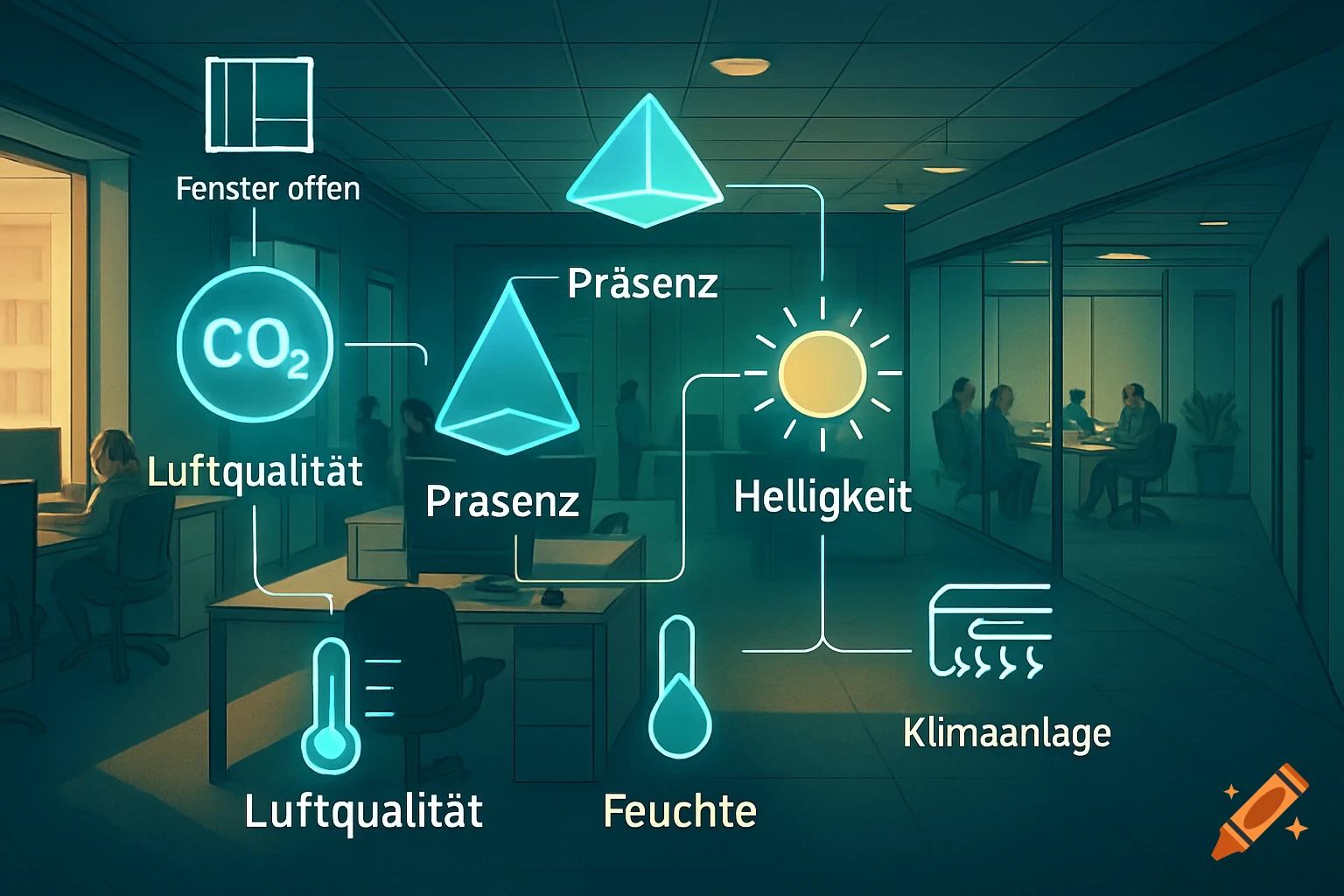 An office environment with a data flow diagram showing icons for open windows, CO2, air quality, presence, brightness, humidity, and air conditioning.