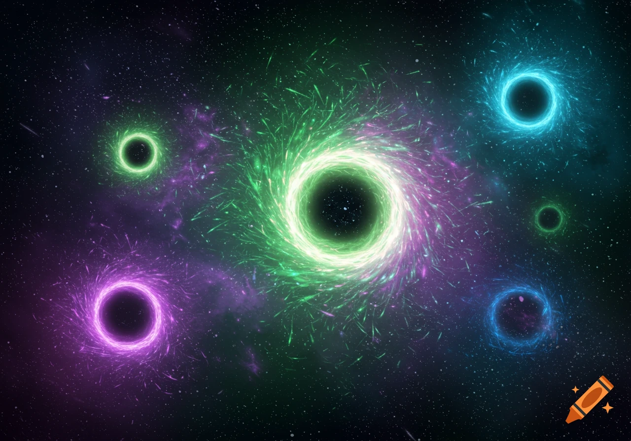 Colorful swirling wormholes in various sizes and hues against a dark, star-filled cosmic background.