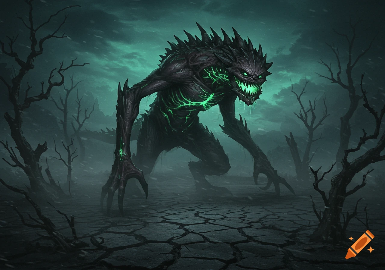 A fearsome monster with glowing green eyes and sharp teeth stands on cracked earth among bare trees under a dark, greenish sky, digital art.