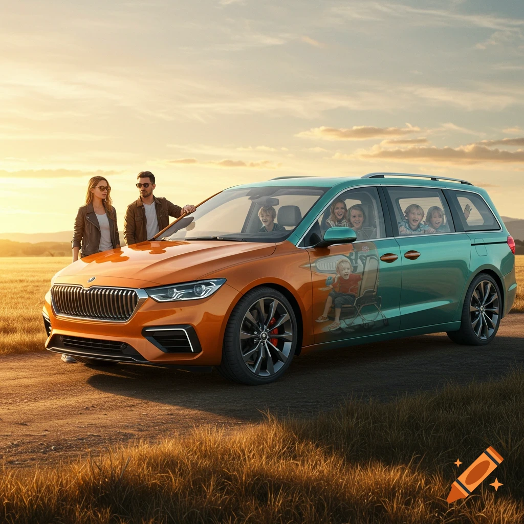 A two-tone car, orange in front and teal in back, with parents beside it and children in the rear windows, at sunset in a field.