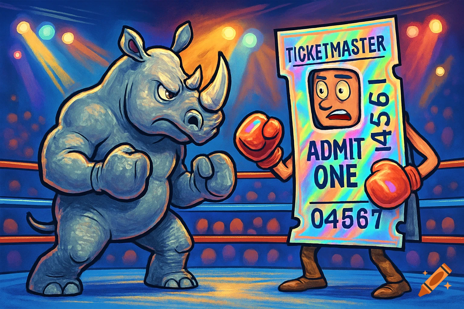A muscular cartoon rhino squares off in a boxing ring against a sentient Ticketmaster ticket wearing boxing gloves.
