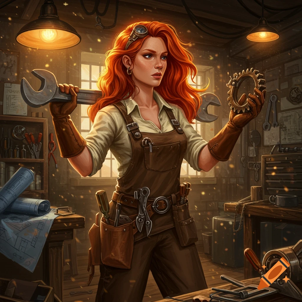 A red-haired female mechanic in a steampunk workshop holds a large wrench and a gear, in a vibrant, stylized art style.