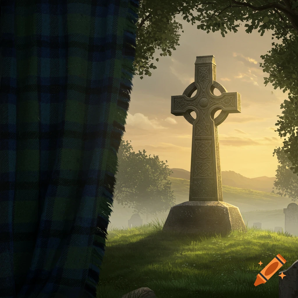 A large Celtic cross stands in a misty green cemetery under a golden sunset sky, framed by trees and a green and blue tartan.
