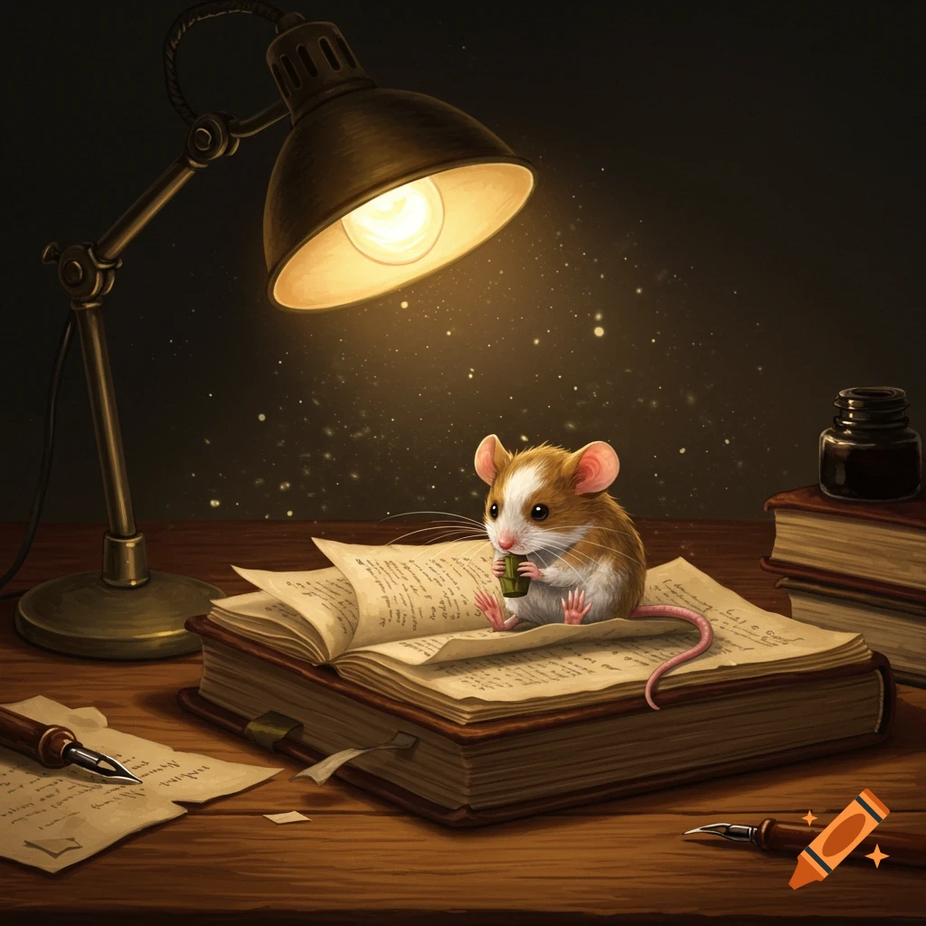 A cute brown and white mouse sits on an open book under a brass desk lamp, nibbling on a green item. The scene is warmly lit.