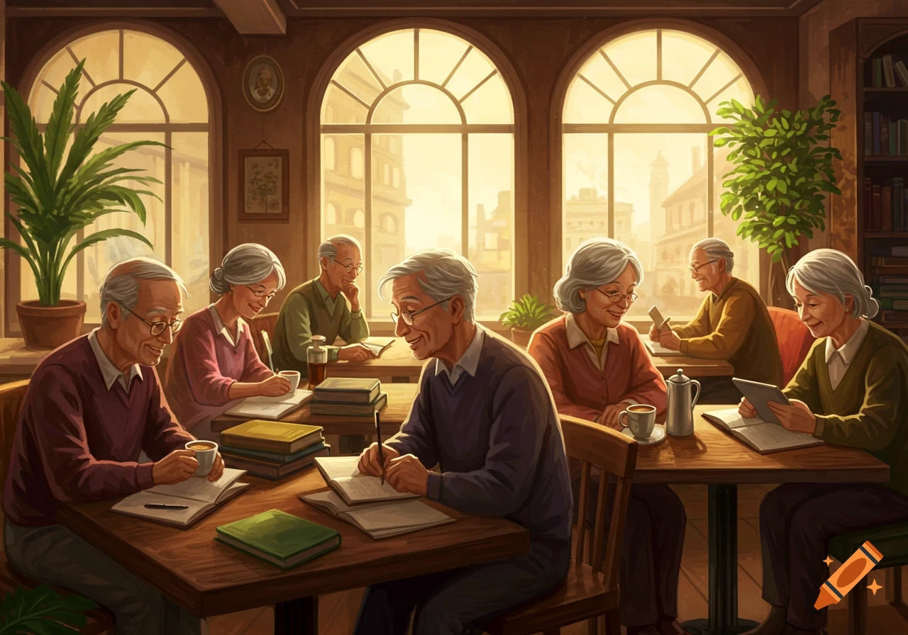 Elderly people are reading, writing, and having coffee at tables in a sunlit cafe with large arched windows.