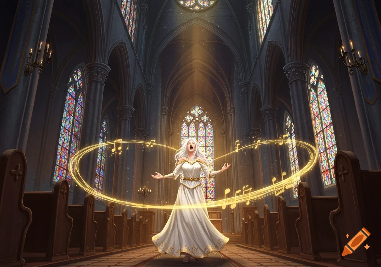 A woman with long white hair sings with arms outstretched, surrounded by glowing musical notes in a grand church with stained glass windows and pews.