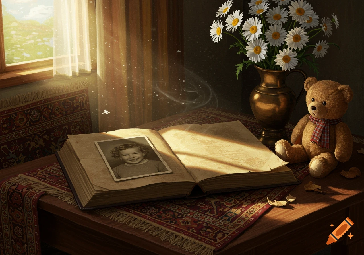 Nostalgic still life with an open old book featuring a child's photo, a vase of daisies, and a teddy bear on a sunlit table.