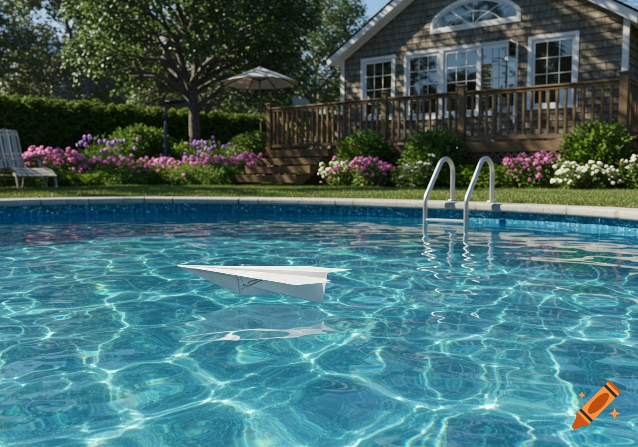 A white paper plane floats peacefully on the sparkling blue water of a swimming pool in an American house's backyard on a sunny day.