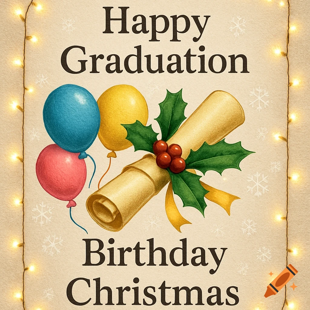 A festive illustrated greeting card with text "Happy Graduation Birthday Christmas", balloons, a scroll, holly, and twinkling lights.