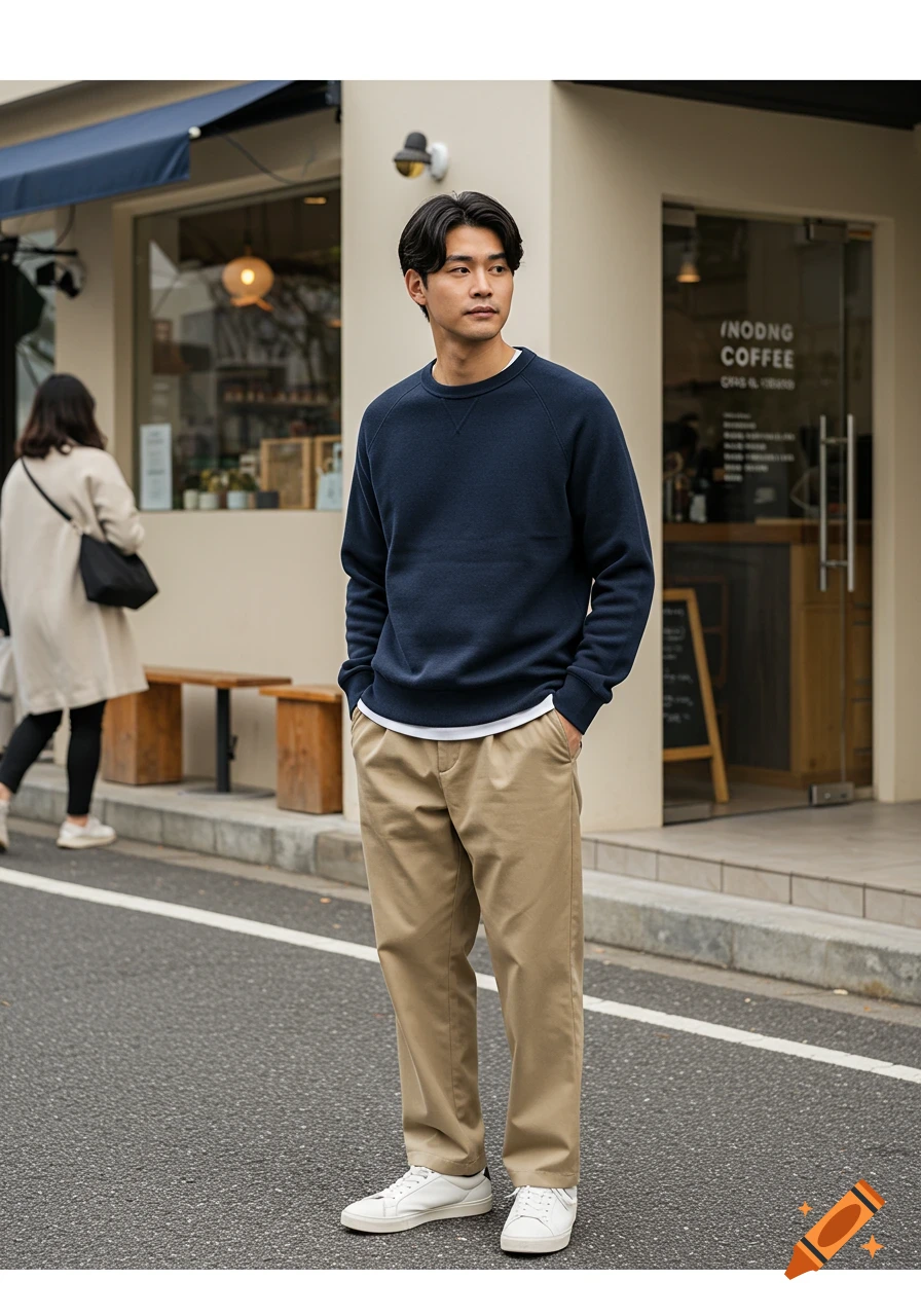 A man in a navy sweatshirt, khaki pants, and white sneakers stands on a city street in front of a coffee shop.