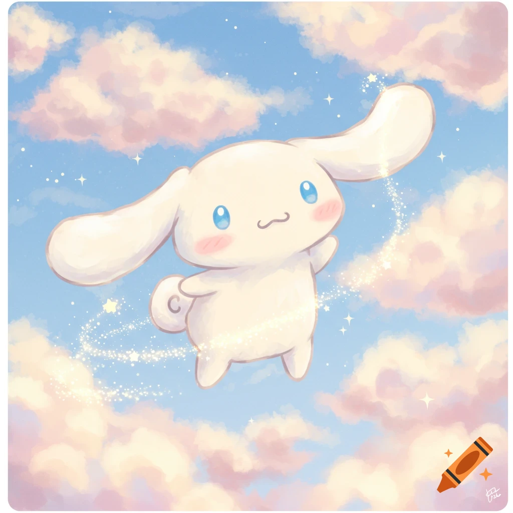 A cute, white Cinnamoroll character with blue eyes and rosy cheeks floats happily in a light blue sky filled with pink-hued clouds and sparkling stars.