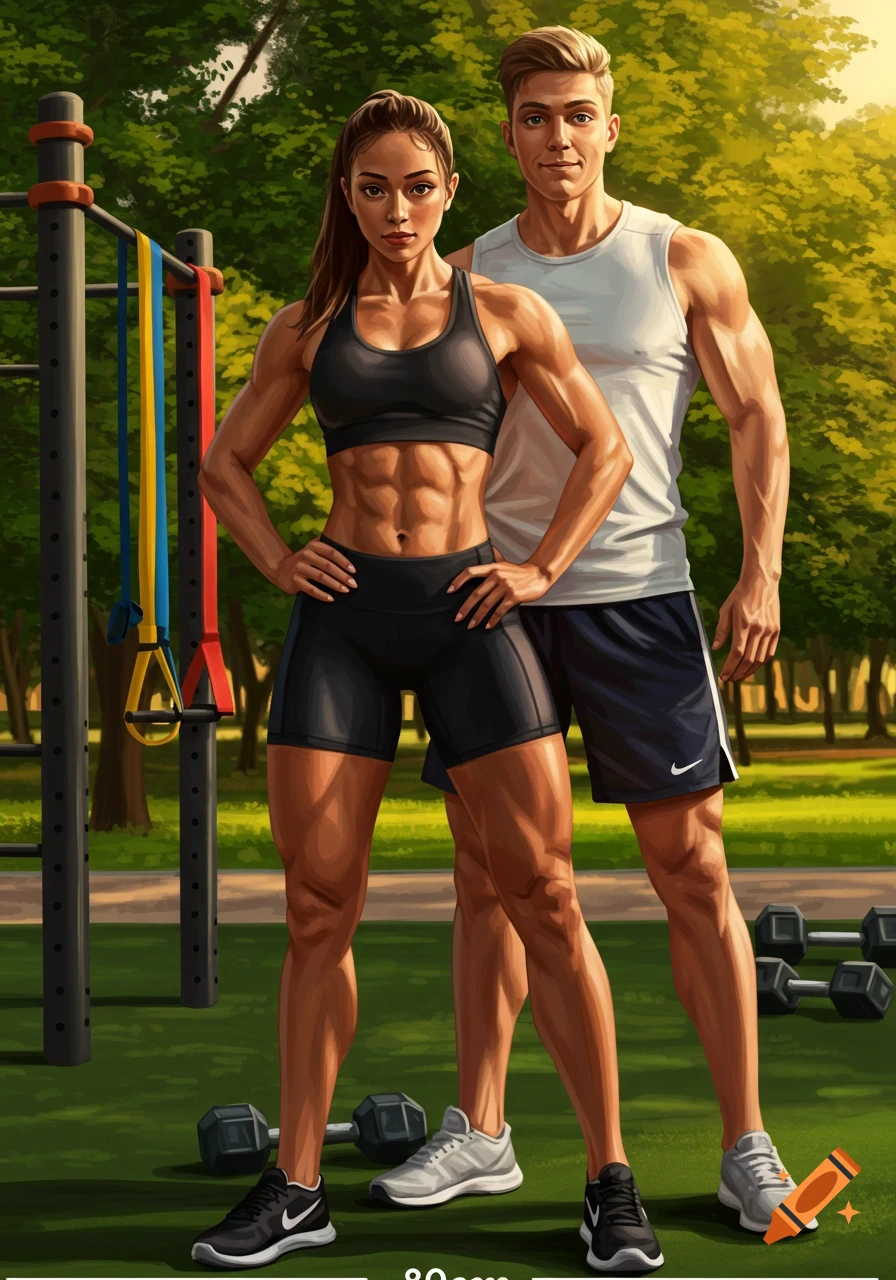 A fit woman with defined abs and a man stand in athletic wear in an outdoor gym setting.