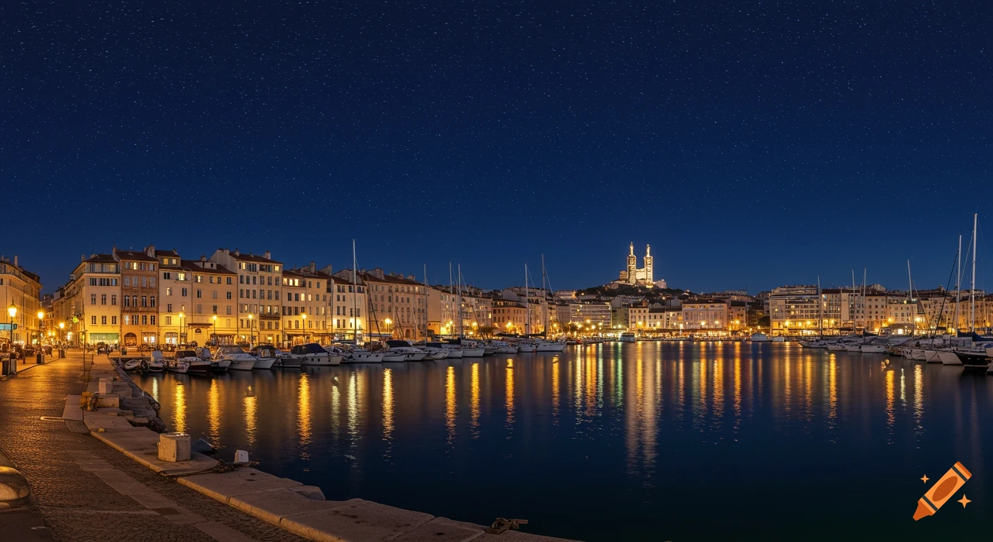 A panoramic night view of Marseille harbor with illuminated buildings reflecting in the water and a cathedral on a distant hill under a starry sky.