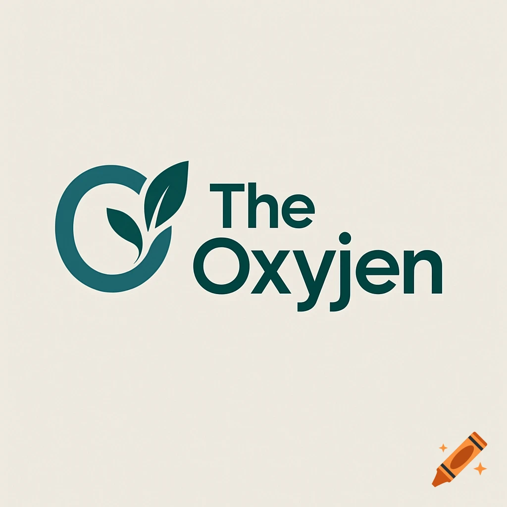 Minimalist logo for The Oxyjen, featuring a teal circular shape with two leaves and dark teal text on a cream background.