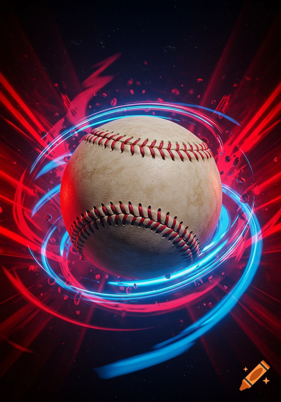A baseball illuminated by dynamic red and blue neon light trails against a dark, glowing background.