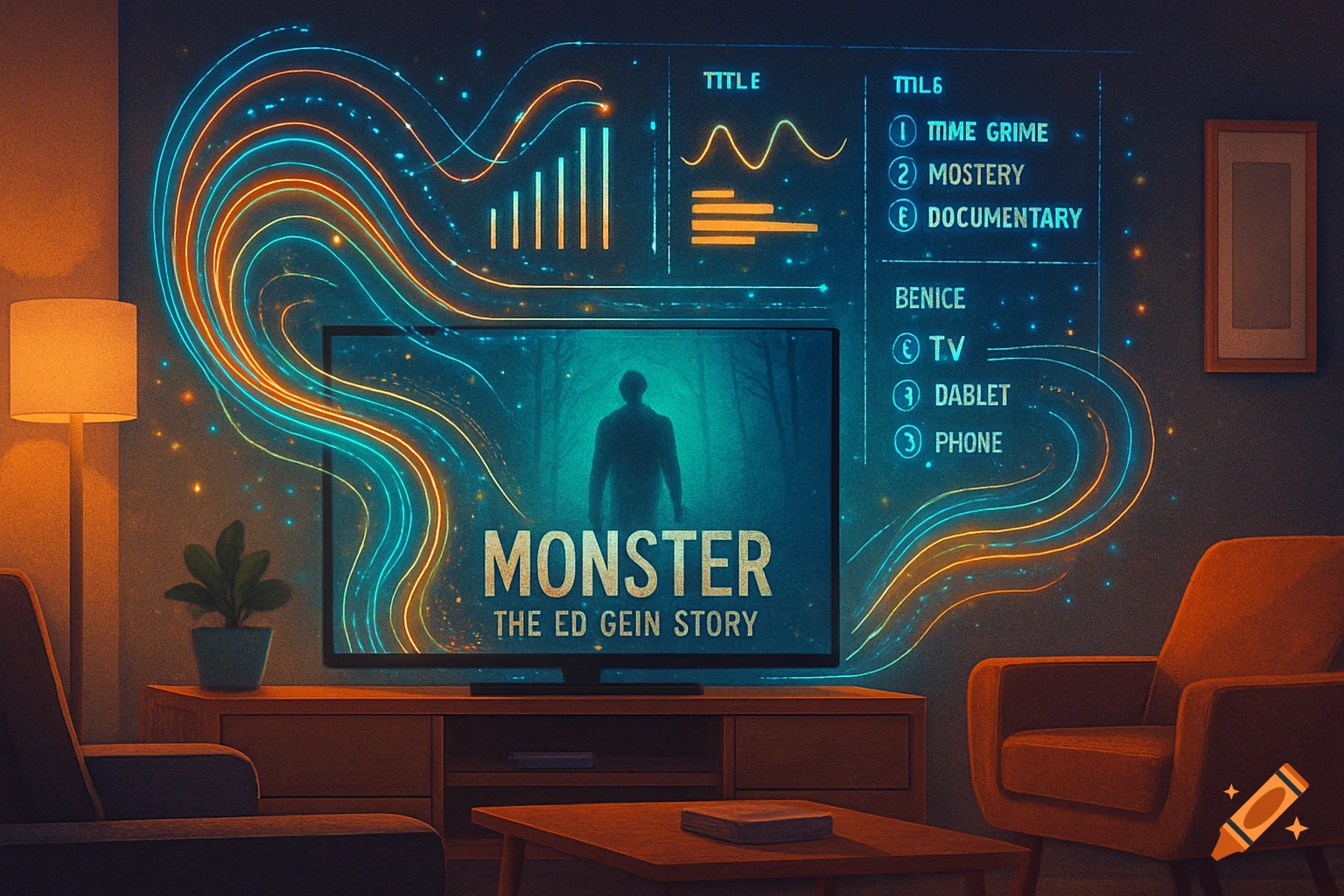 A living room with a TV displaying 'Monster: The Ed Gein Story' and a holographic projection of data analytics with neon lines and glowing text, simulating a smart home interface.