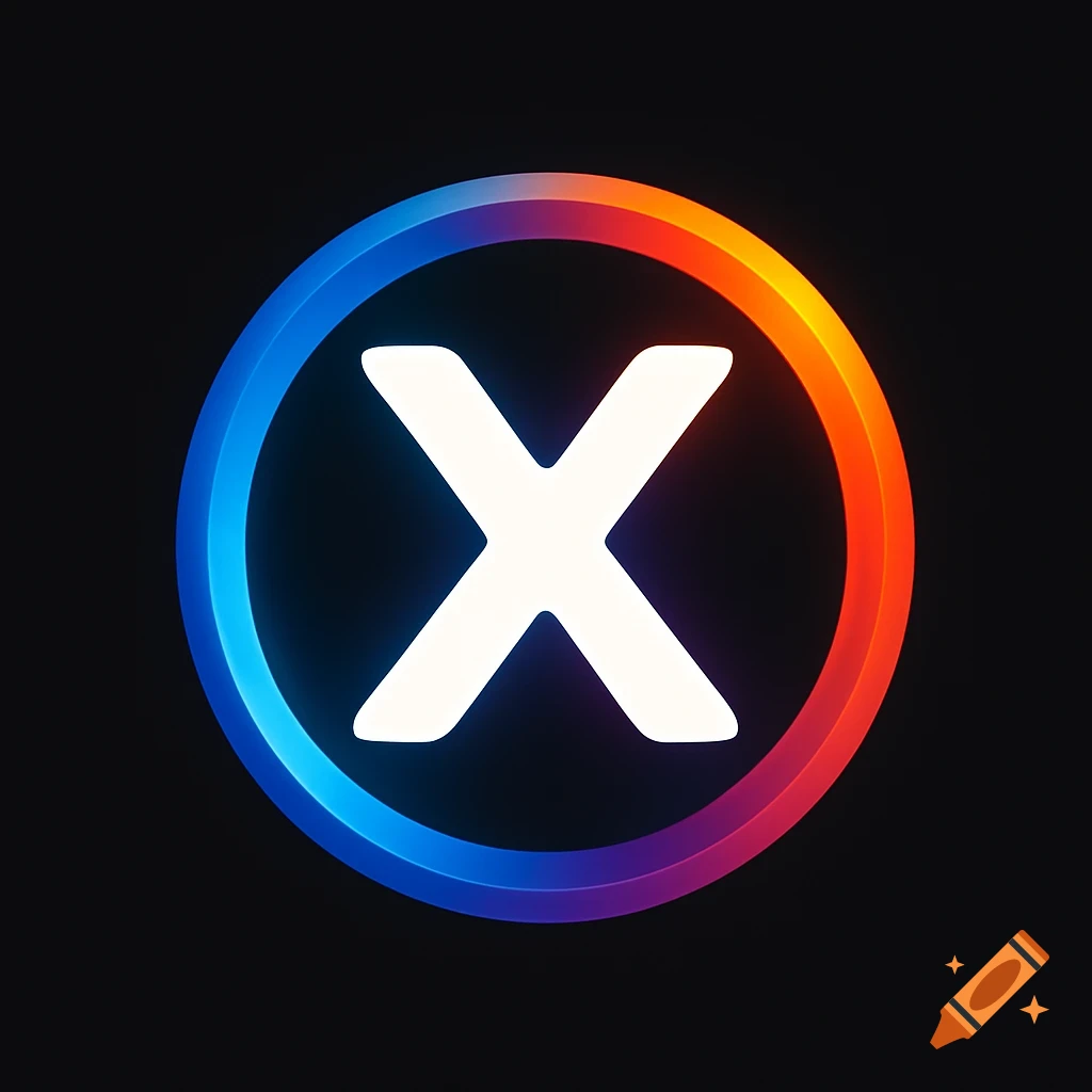 A stylized white glowing letter X centered within a gradient circle of blue, purple, orange, and red, on a dark background.