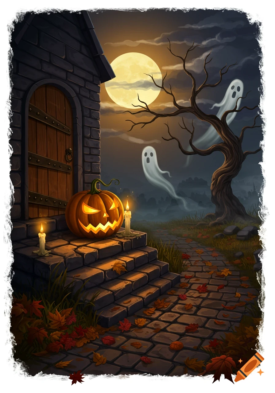 A spooky Halloween illustration of a jack-o'-lantern and candles on stone steps by a dark house, with ghosts and a full moon.