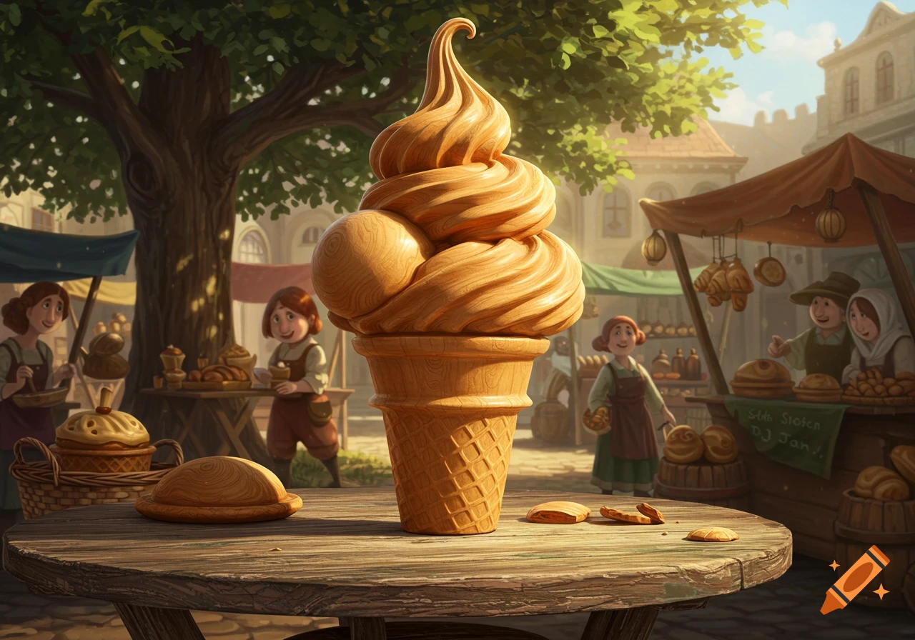 A giant wooden soft-serve ice cream cone sits on a rustic table in front of a bustling medieval market.