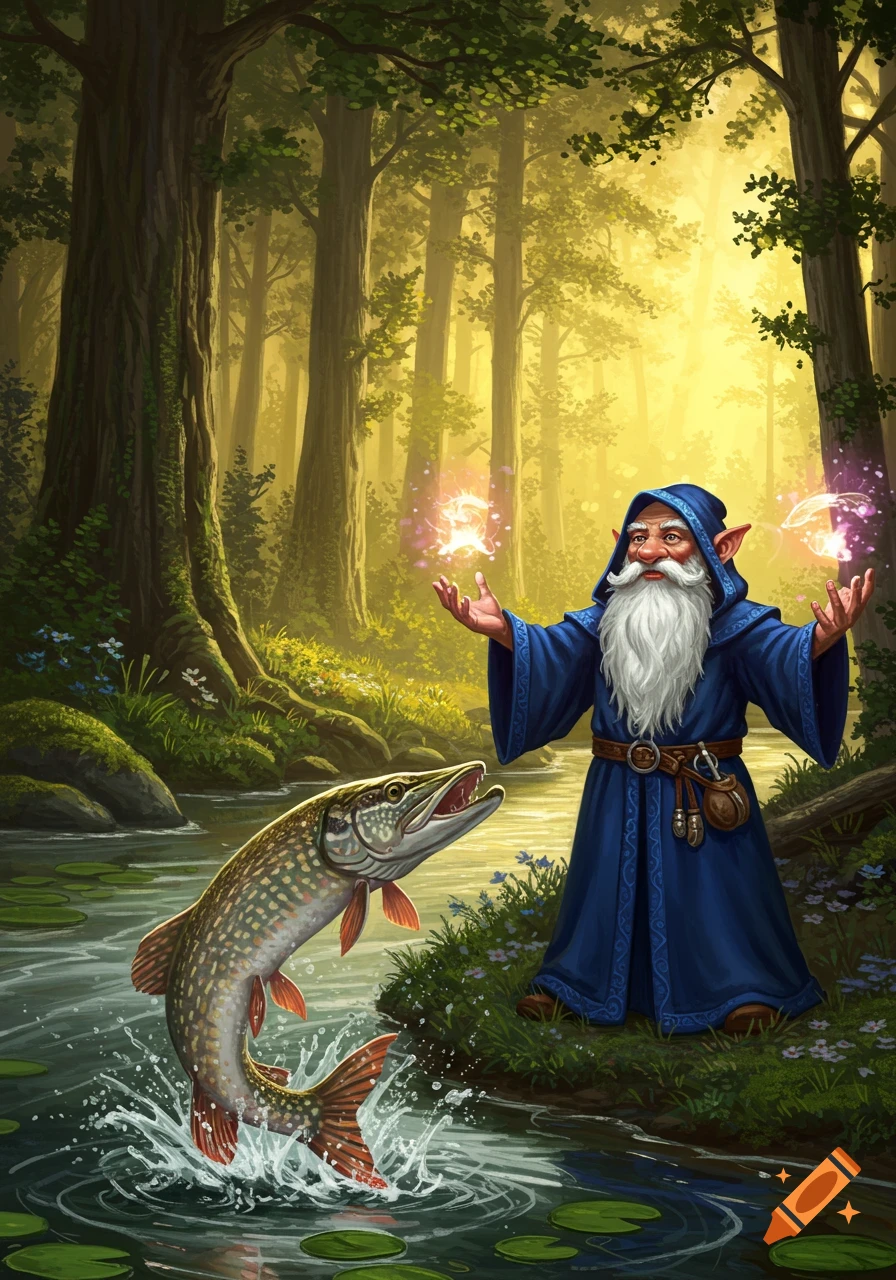 A gnome wizard in blue robes and a white beard summons a large pike leaping from a river in a magical forest.