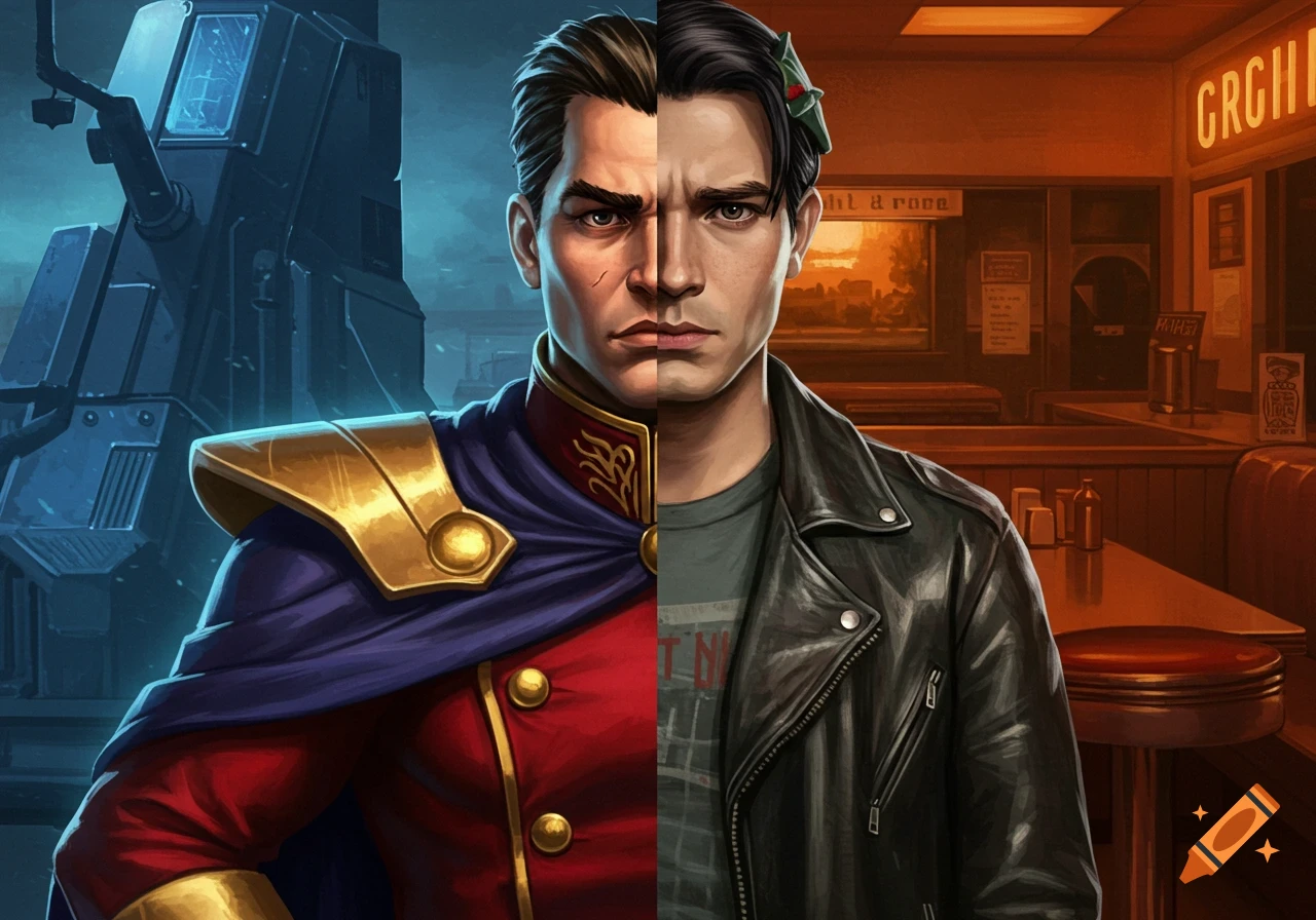 A man split down the middle, half in a red superhero costume with a blue cape and half in a black leather jacket in a diner, looking forward.