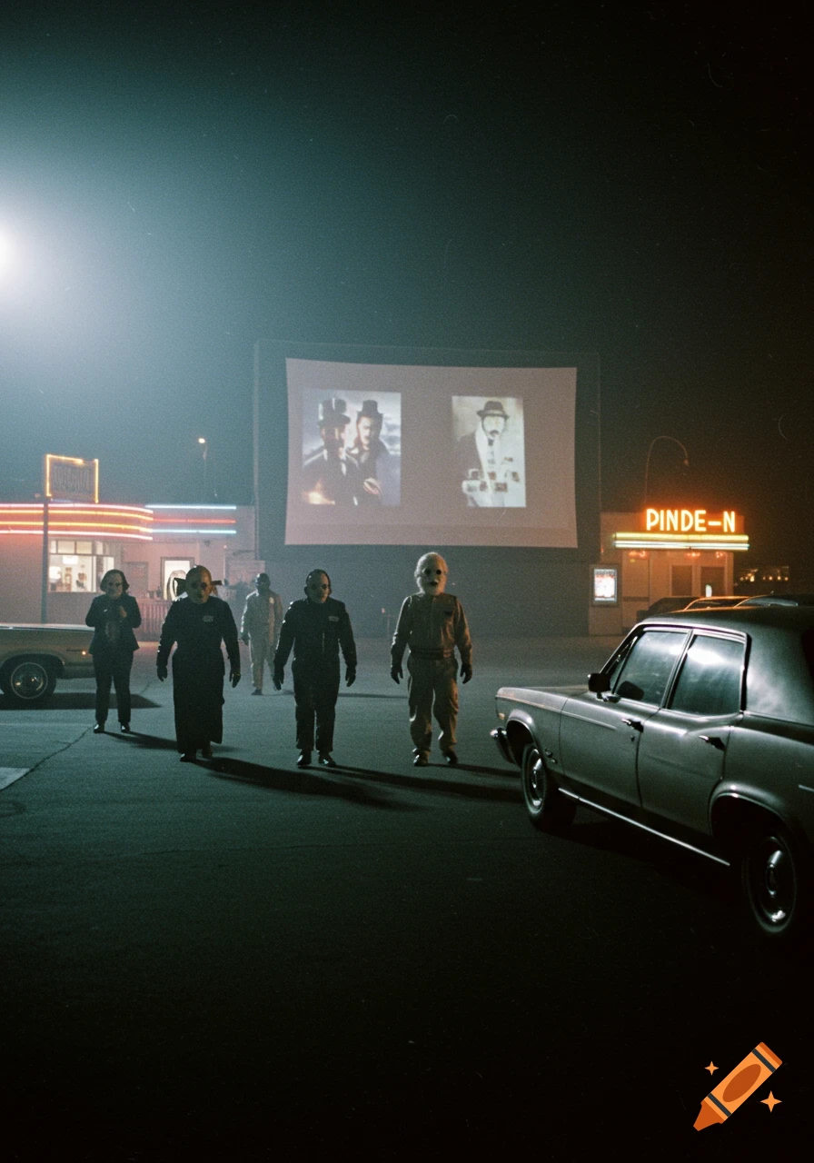 Creepy costumed figures walk through a grainy, fog-filled drive-in movie theater parking lot at night, a screen showing two figures in hats.