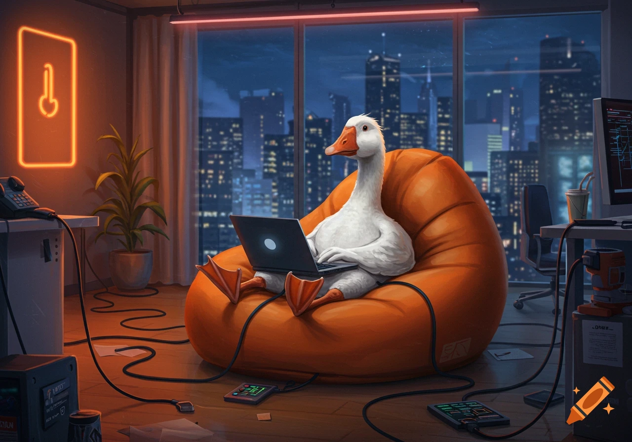 A white goose sits in an orange beanbag chair, typing on a laptop in a modern tech office with a city view at night.