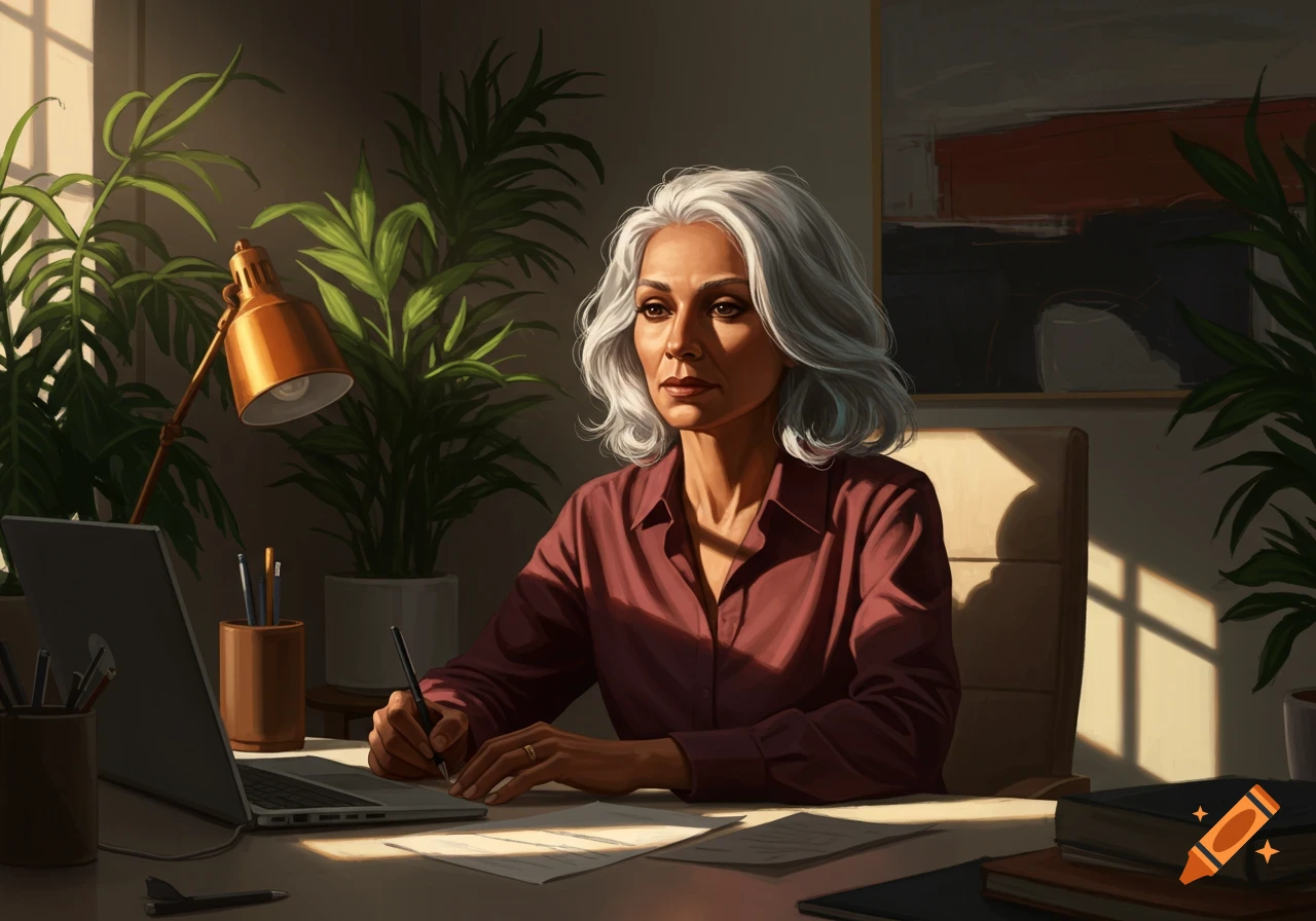 A mature woman with silver hair works diligently at a desk with a laptop and papers, bathed in warm sunlight.