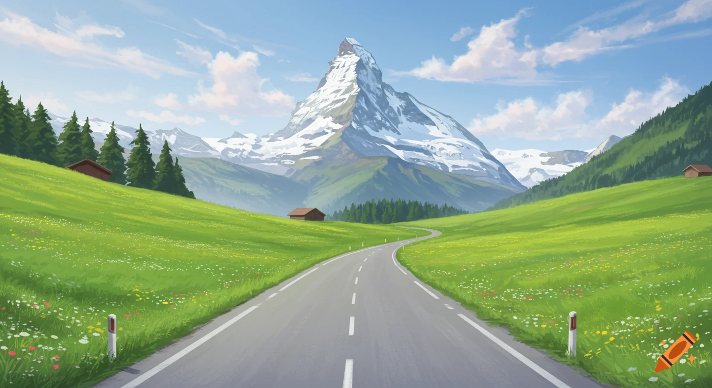 A winding road through a lush green valley with wildflowers leads to a majestic, snow-capped mountain under a blue sky, with small wooden cabins.