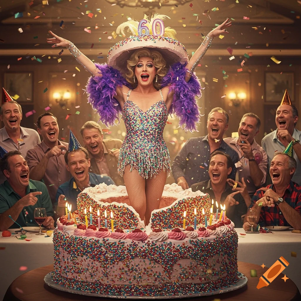 Photorealistic image of a drag performer in a sequined dress emerging from a giant birthday cake, with laughing men and confetti.