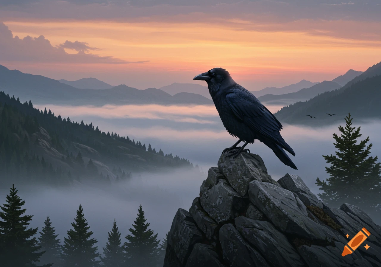 A black crow perches on a rocky peak, observing a misty mountain valley under a gradient sunset sky.